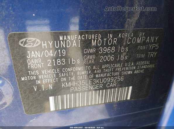 KMHH35LE3KU099256 2019 HYUNDAI ELANTRA GT Blue Вид підкапотного простору