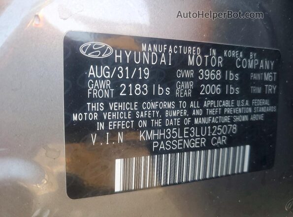 KMHH35LE3LU125078 2020 HYUNDAI ELANTRA Silver VIN კოდის სტიკერის ხედი