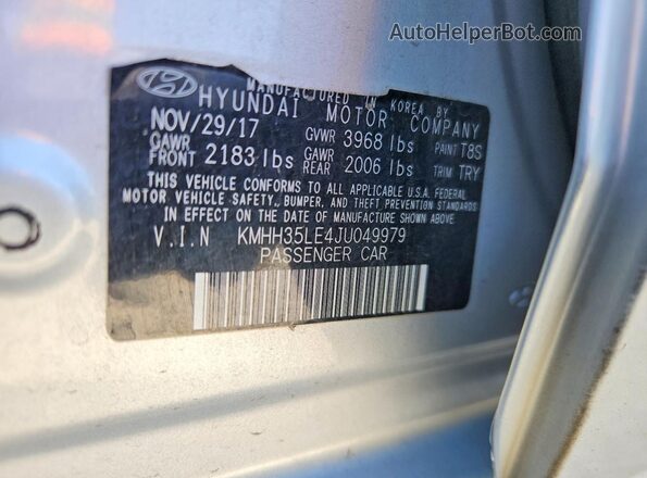 KMHH35LE4JU049979 2018 HYUNDAI ELANTRA Серебряный Вид наклейки с VIN-кодом