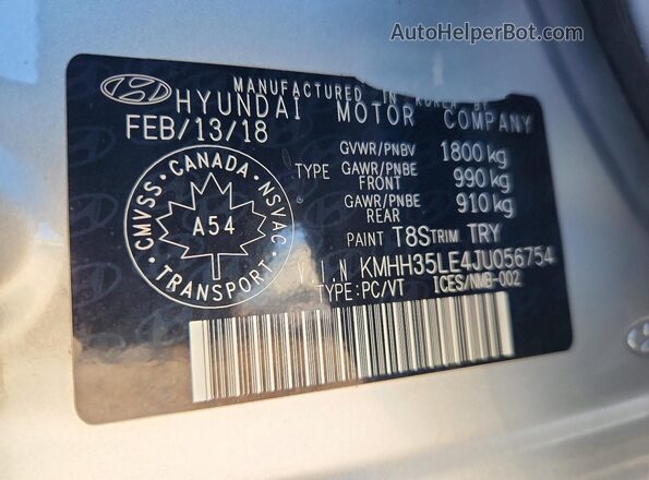 KMHH35LE4JU056754 2018 HYUNDAI ELANTRA Серебряный Вид наклейки с VIN-кодом