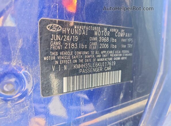 KMHH35LE6KU117619 2019 HYUNDAI ELANTRA Синий Вид подкапотного пространства