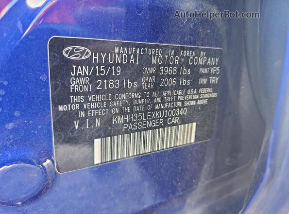 KMHH35LEXKU100340 2019 HYUNDAI ELANTRA Blue 