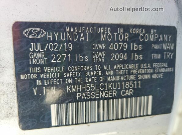 KMHH55LC1KU118511 2019 HYUNDAI ELANTRA White Vista del compartimento del motor