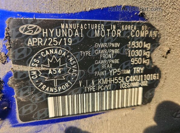 KMHH55LC4KU110161 2019 HYUNDAI ELANTRA Blue Widok komory silnika
