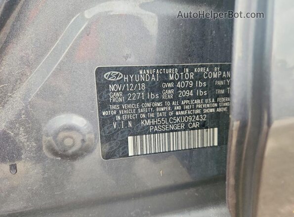 KMHH55LC5KU092432 2019 HYUNDAI ELANTRA Charcoal VIN კოდის სტიკერის ხედი