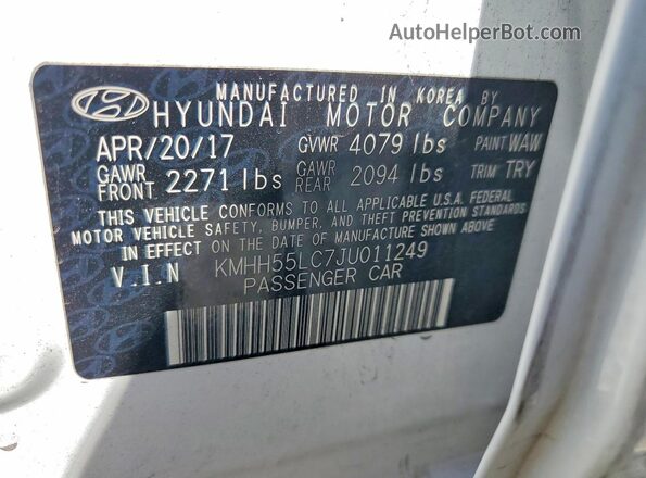 KMHH55LC7JU011249 2018 HYUNDAI ELANTRA White ძრავის განყოფილების ხედი
