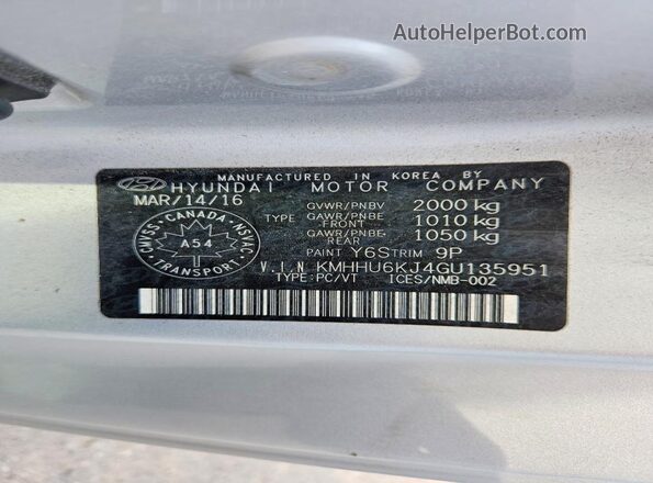 KMHHU6KJ4GU135951 2016 HYUNDAI GENESIS Silver Вид наклейки з VIN-кодом