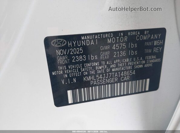 KMHL54JJ7TA148654 2026 HYUNDAI SONATA HYBRID White Շարժիչի բաժամունքի տեսք