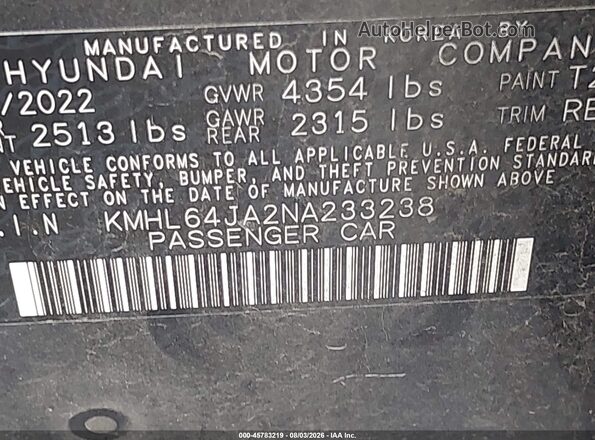 KMHL64JA2NA233238 2022 HYUNDAI SONATA Gray Widok komory silnika