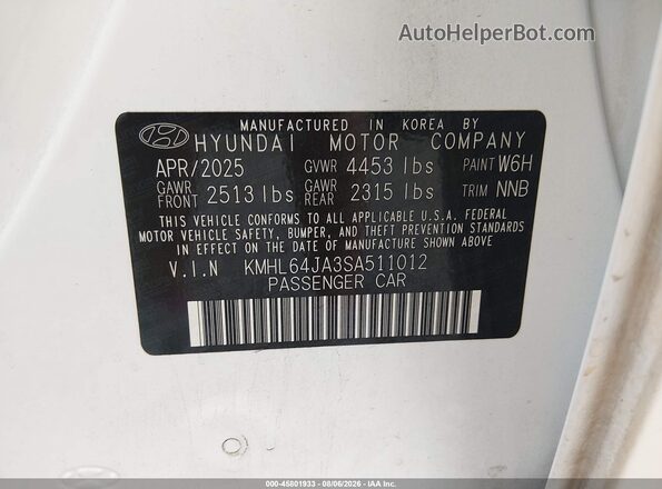 KMHL64JA3SA511012 2025 HYUNDAI SONATA White Շարժիչի բաժամունքի տեսք