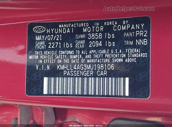 KMHLL4AG3MU198106 2021 HYUNDAI ELANTRA Red ძრავის განყოფილების ხედი