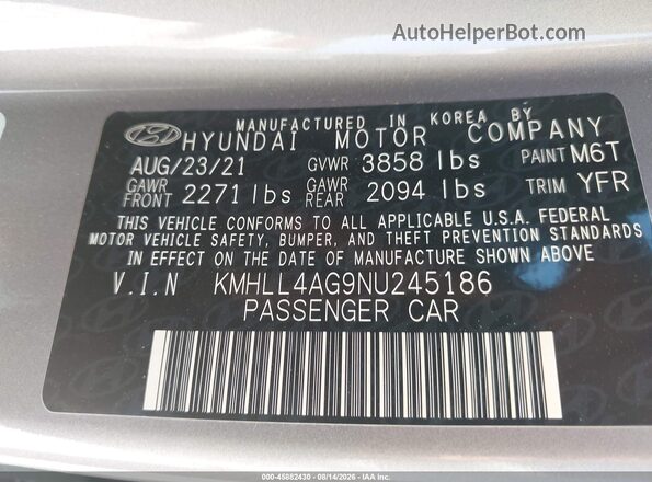 KMHLL4AG9NU245186 2022 HYUNDAI ELANTRA Gray Widok komory silnika