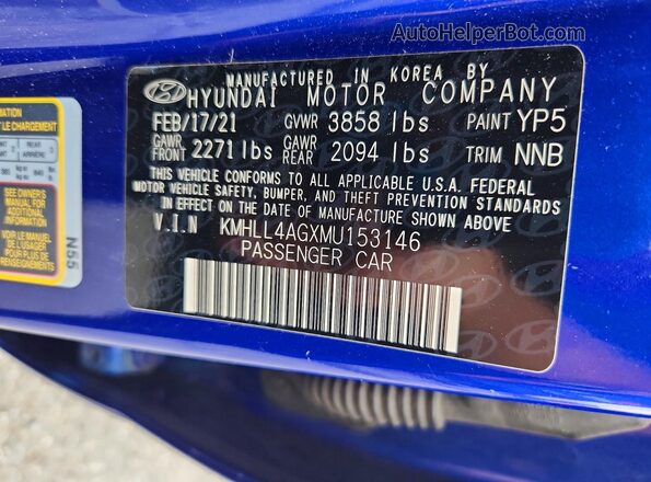 KMHLL4AGXMU153146 2021 HYUNDAI ELANTRA Blue ძრავის განყოფილების ხედი