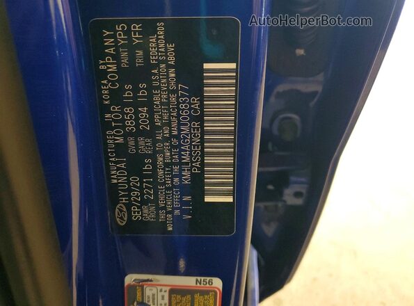 KMHLM4AG2MU068377 2021 HYUNDAI ELANTRA Blue VIN կոդի պիտակի տեսք