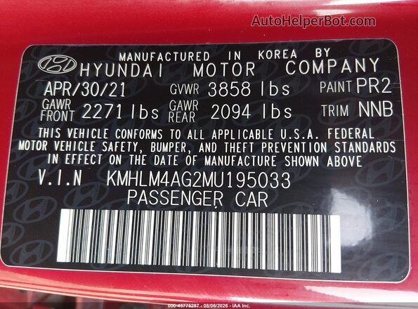 KMHLM4AG2MU195033 2021 HYUNDAI ELANTRA Red Вид підкапотного простору