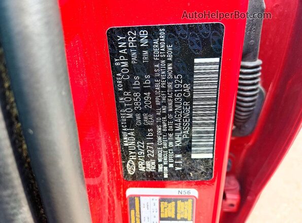 KMHLM4AG2NU361925 2022 HYUNDAI ELANTRA Red ძრავის განყოფილების ხედი