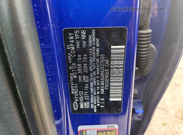 KMHLM4AG8NU337693 2022 HYUNDAI ELANTRA Blue Շարժիչի բաժամունքի տեսք