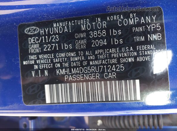 KMHLM4DG5RU712425 2024 HYUNDAI ELANTRA Blue Շարժիչի բաժամունքի տեսք