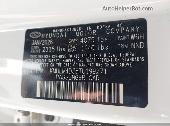 KMHLM4DJ8TU199271 2026 HYUNDAI ELANTRA HYBRID White ძრავის განყოფილების ხედი