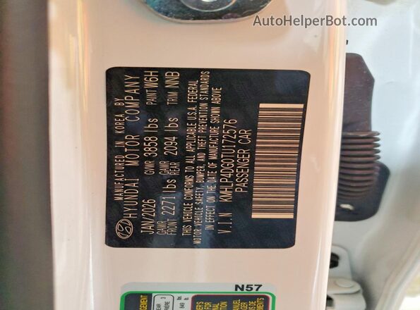 KMHLP4DG0TU172576 2026 HYUNDAI ELANTRA White VIN კოდის სტიკერის ხედი