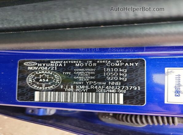KMHLR4AF4NU273791 2022 HYUNDAI ELANTRA Blue Widok naklejki z numerem VIN
