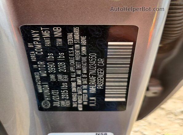 KMHLR4AF7NU234550 2022 HYUNDAI ELANTRA Gray Շարժիչի բաժամունքի տեսք