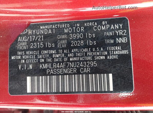 KMHLR4AF7NU243295 2022 HYUNDAI ELANTRA Red Widok komory silnika
