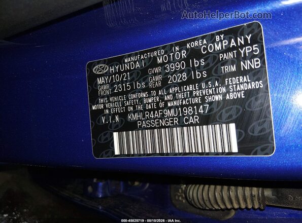 KMHLR4AF9MU198147 2021 HYUNDAI ELANTRA Blue Engine compartment view