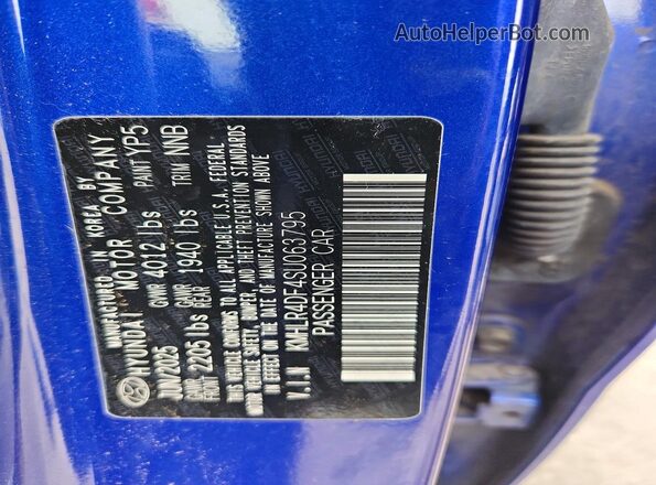 KMHLR4DF4SU063795 2025 HYUNDAI ELANTRA Blue Вид наклейки з VIN-кодом