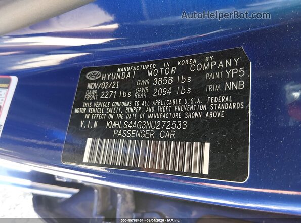 KMHLS4AG3NU272533 2022 HYUNDAI ELANTRA Синий Вид подкапотного пространства