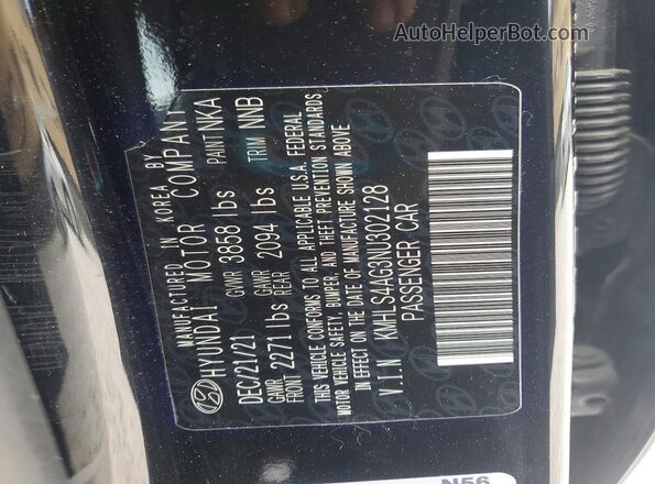 KMHLS4AG3NU302128 2022 HYUNDAI ELANTRA Black Widok naklejki z numerem VIN
