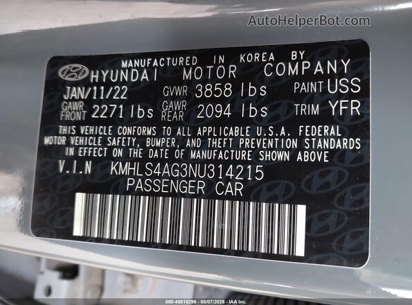 KMHLS4AG3NU314215 2022 HYUNDAI ELANTRA Gray Engine compartment view