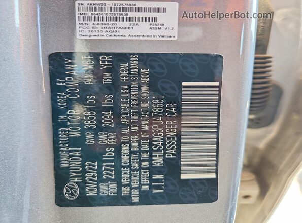 KMHLS4AG3PU478681 2023 HYUNDAI ELANTRA Gray Vista de la etiqueta del VIN