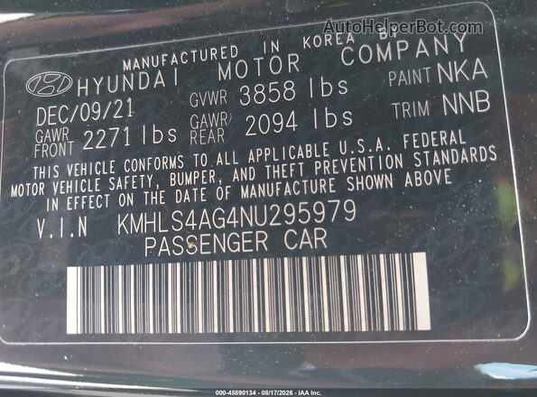 KMHLS4AG4NU295979 2022 HYUNDAI ELANTRA Black Вид підкапотного простору