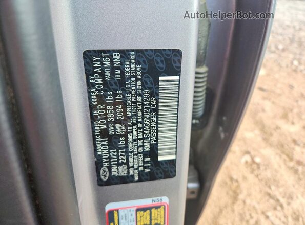 KMHLS4AG6NU214299 2022 HYUNDAI ELANTRA Gray Widok naklejki z numerem VIN