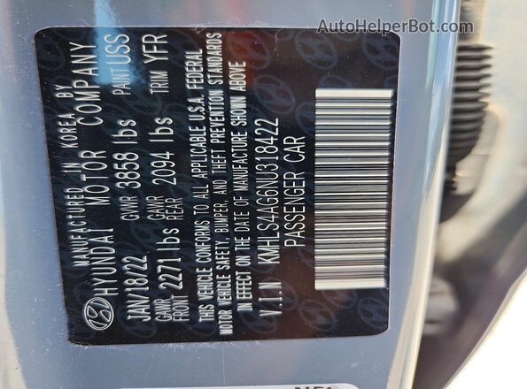 KMHLS4AG6NU318422 2022 HYUNDAI ELANTRA Gray VIN sticker view