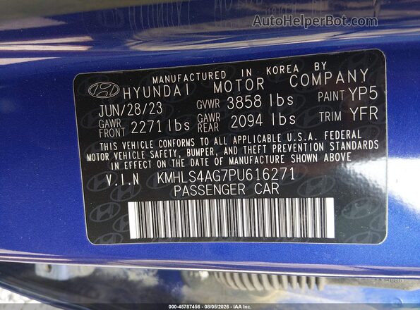 KMHLS4AG7PU616271 2023 HYUNDAI ELANTRA Blue Շարժիչի բաժամունքի տեսք
