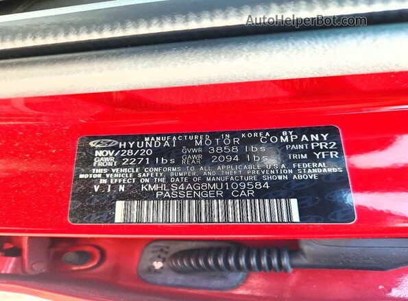 KMHLS4AG8MU109584 2021 HYUNDAI ELANTRA Burgundy VIN კოდის სტიკერის ხედი