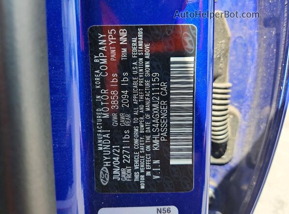 KMHLS4AGXMU211159 2021 HYUNDAI ELANTRA Blue Vista del compartimento del motor
