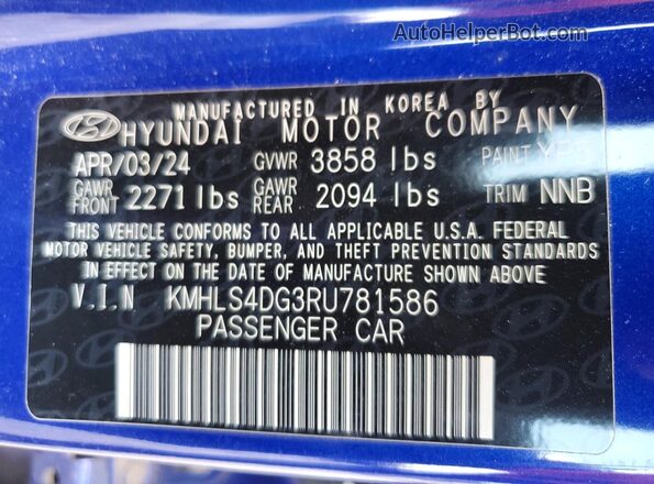 KMHLS4DG3RU781586 2024 HYUNDAI ELANTRA Синий Вид подкапотного пространства