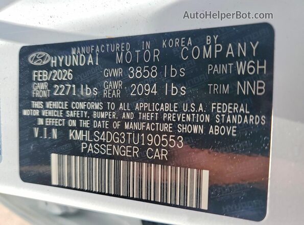 KMHLS4DG3TU190553 2026 HYUNDAI ELANTRA White Вид наклейки з VIN-кодом