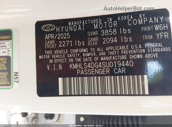 KMHLS4DG4SU019440 2025 HYUNDAI ELANTRA White Vista del compartimento del motor
