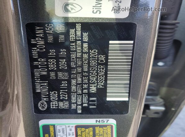 KMHLS4DG4SU981205 2025 HYUNDAI ELANTRA Silver Вид наклейки з VIN-кодом