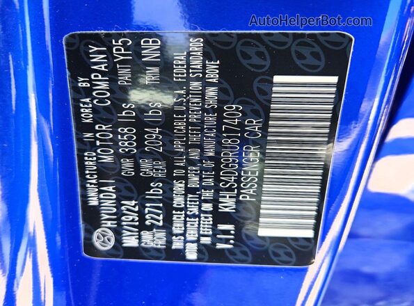 KMHLS4DG9RU817409 2024 HYUNDAI ELANTRA Blue VIN sticker view
