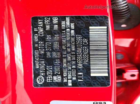 KMHRB8A34MU105997 2021 HYUNDAI VENUE Red VIN sticker view