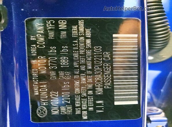 KMHRC8A30PU221103 2023 HYUNDAI VENUE Синий Вид наклейки с VIN-кодом