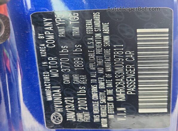 KMHRC8A33MU097811 2021 HYUNDAI VENUE Blue Vista de la etiqueta del VIN