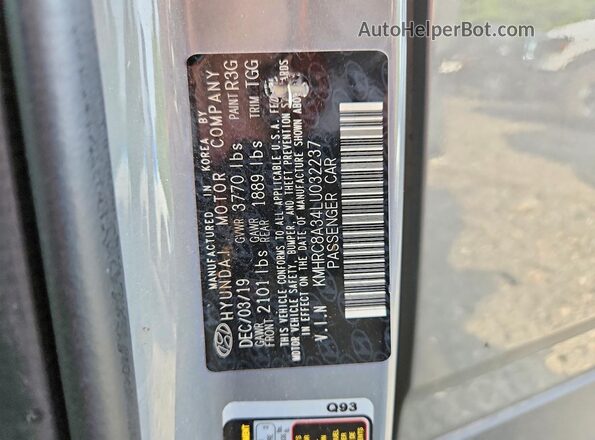 KMHRC8A34LU032237 2020 HYUNDAI VENUE Gray Vista del compartimento del motor