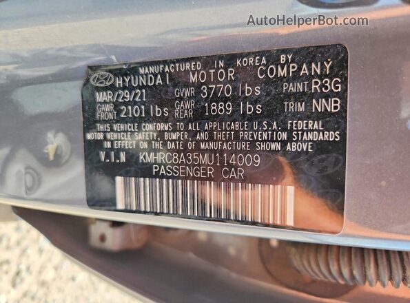 KMHRC8A35MU114009 2021 HYUNDAI VENUE Gray VIN კოდის სტიკერის ხედი