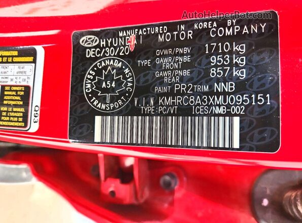 KMHRC8A3XMU095151 2021 HYUNDAI VENUE Red VIN կոդի պիտակի տեսք